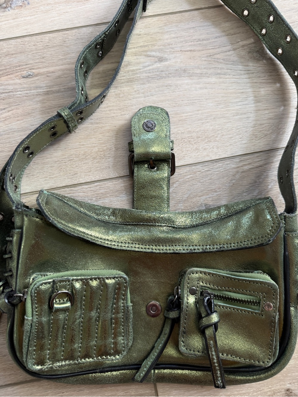Free People Shimmery Olive Green Metallic Shoulder Bag - Picture 3 of 9